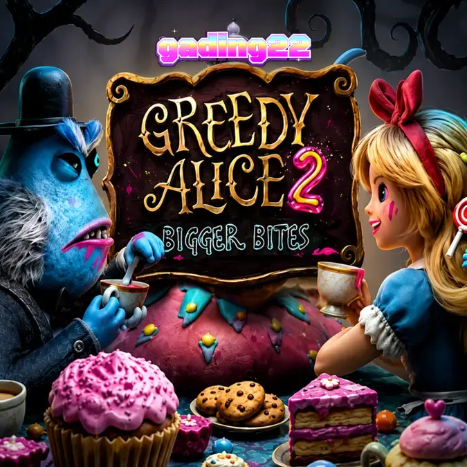 Tampilan visual slot Greedy Alice 2 Bigger Bites
