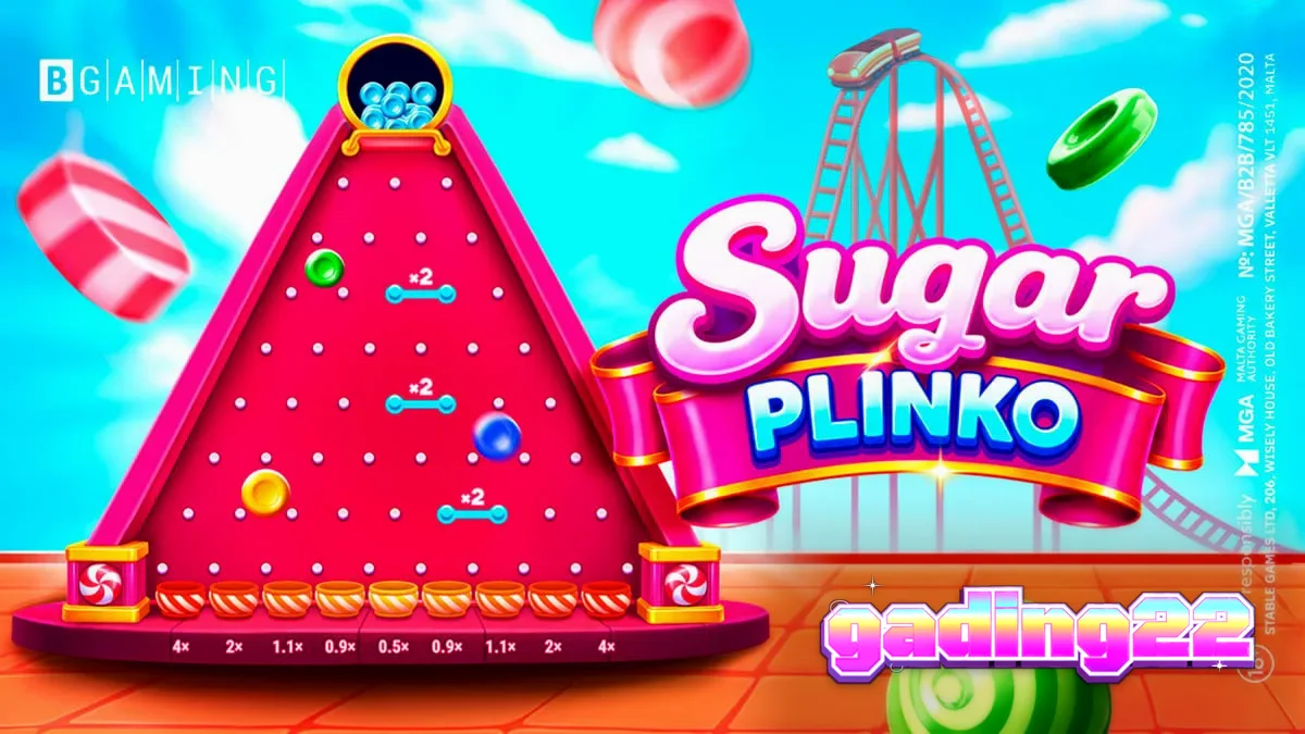 Tampilan antarmuka permainan Sugar Plinko dengan papan pachinko bertema permen.